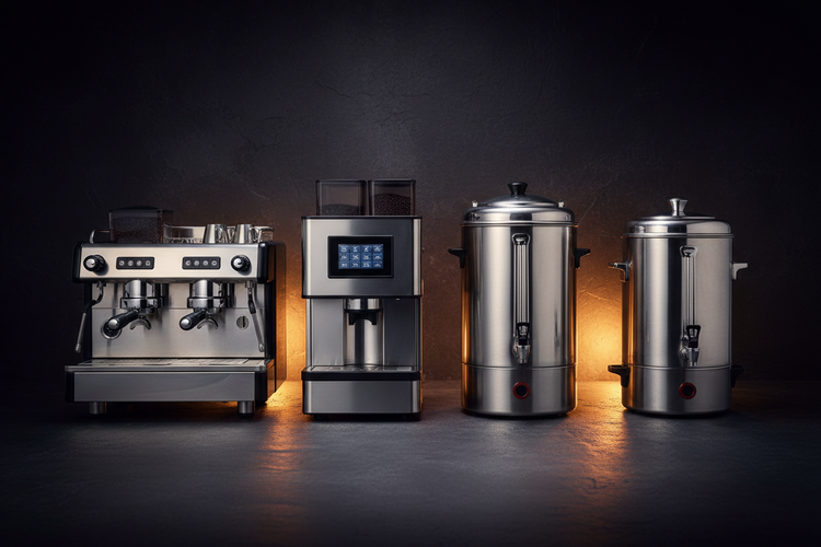 Commercial coffee and hot drinks equipment including espresso machines and hot water urns
